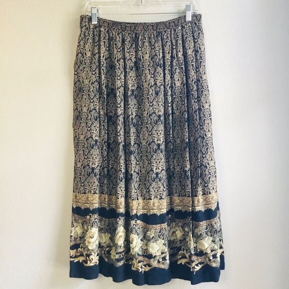 Black and cream roses acanthus Roman pattern maxi skirt elastic waist classic - Picture 1 of 4